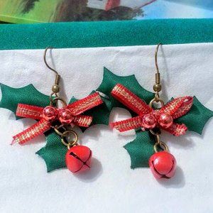 Jingle bells holly Christmas dangle earrings
